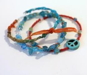 Friendship Bracelet, Stack Bracelets, Seed Beads, Stone Chips, Beads, Sari silk ribbon, silk ribbon, peace sign