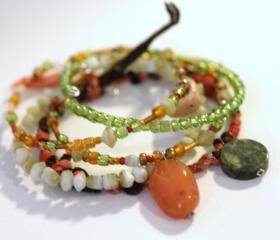 Friendship Bracelet, Stack Bracelets,Stone Chips, Beads, Sari silk ribbon, silk ribbon, green, copper